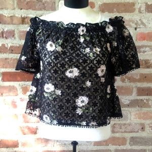 Ark & Co Off-Shoulder Black Lace Floral Crop Top